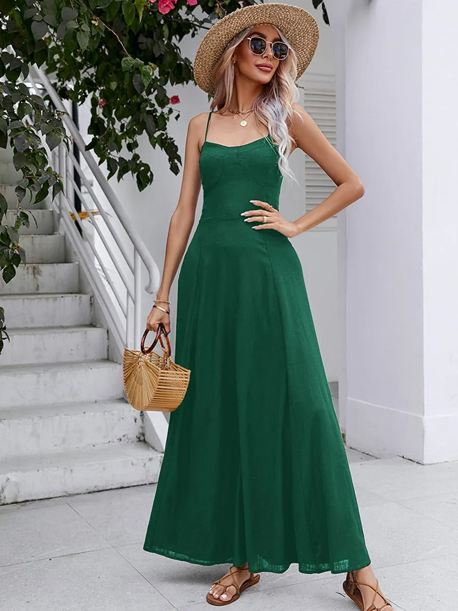 Spaghetti Strap Lace-up Linen Maxi Dress