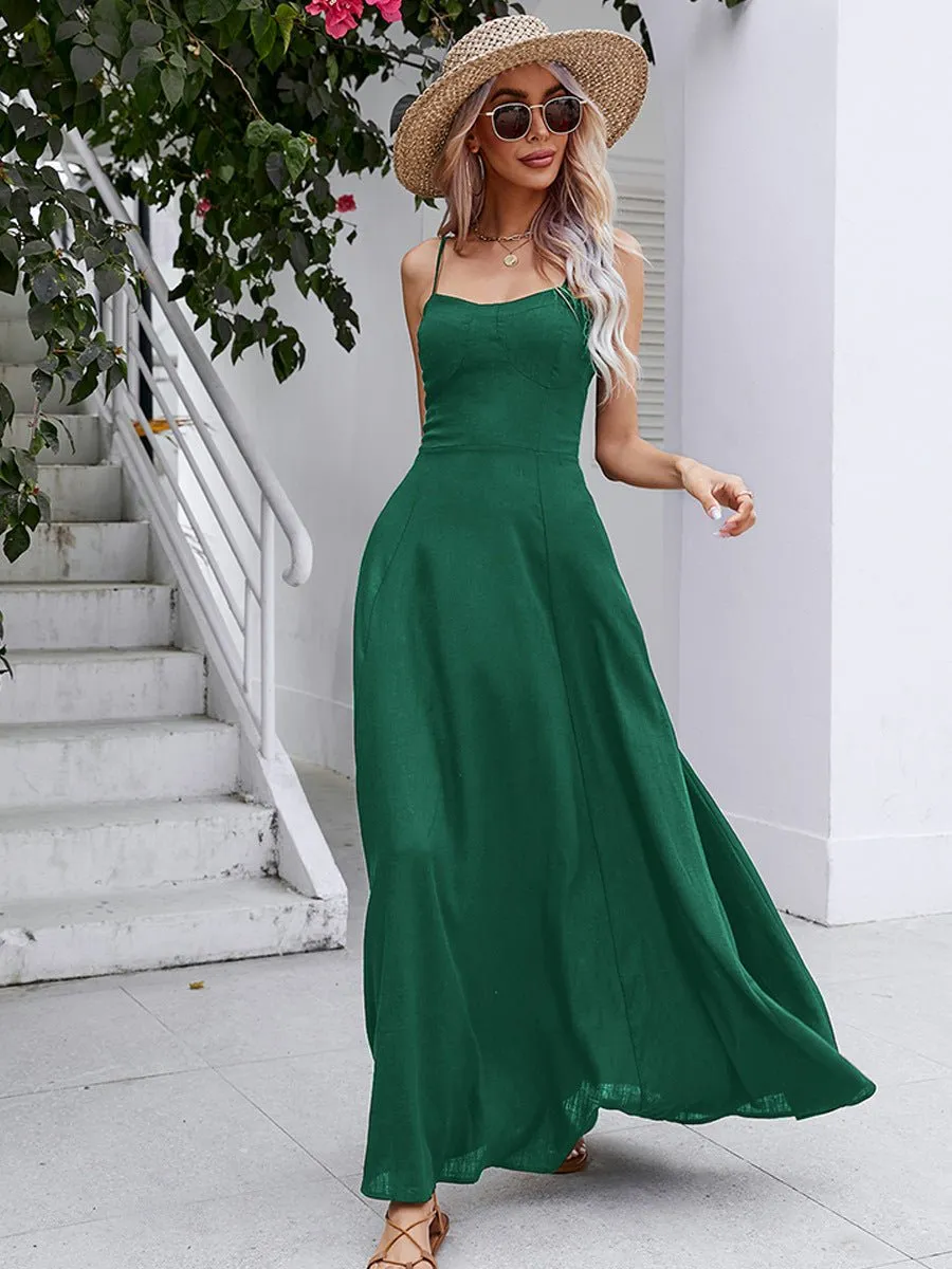 Spaghetti Strap Lace-up Linen Maxi Dress