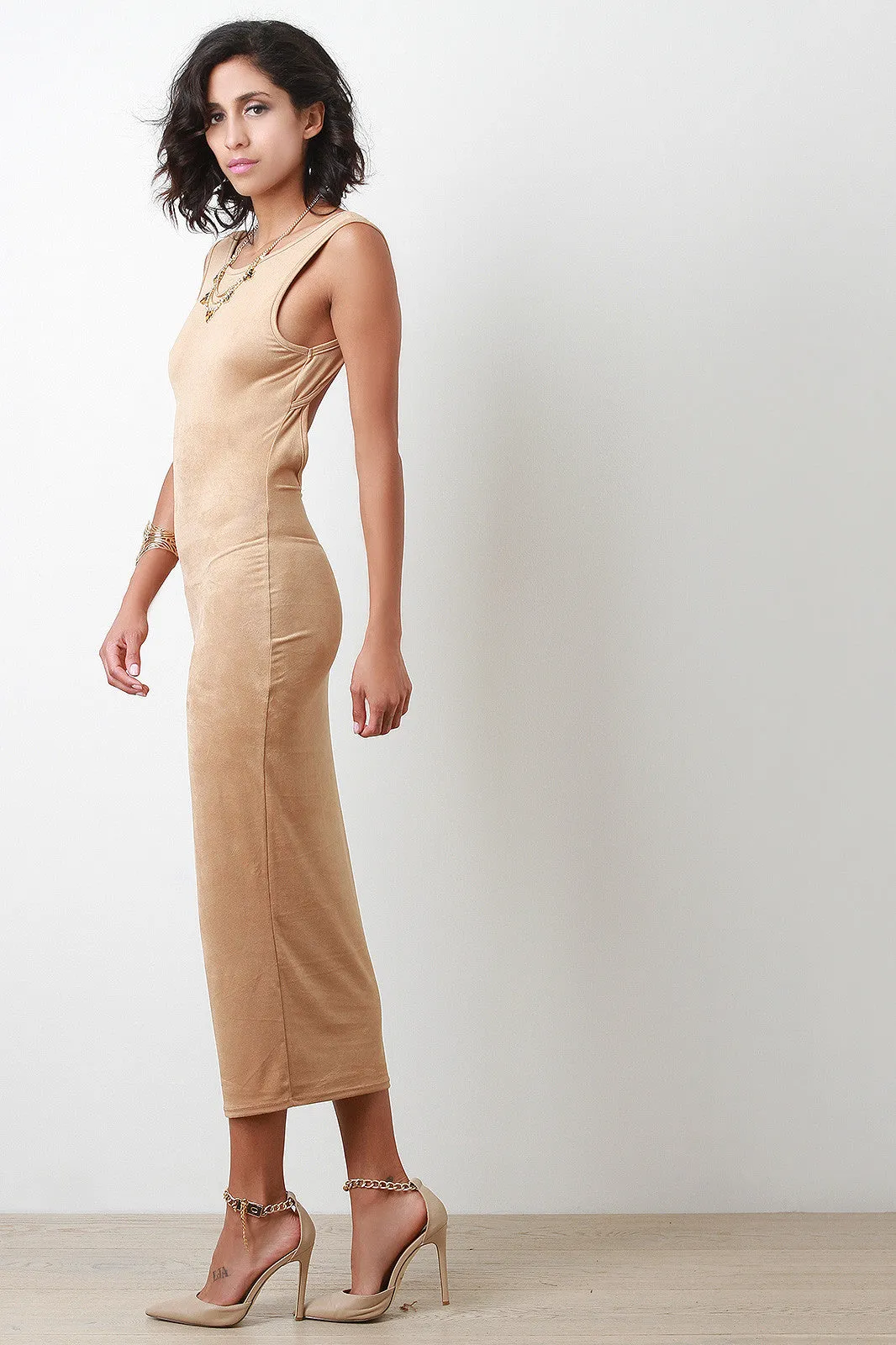 Suede Open Back Midi Dress