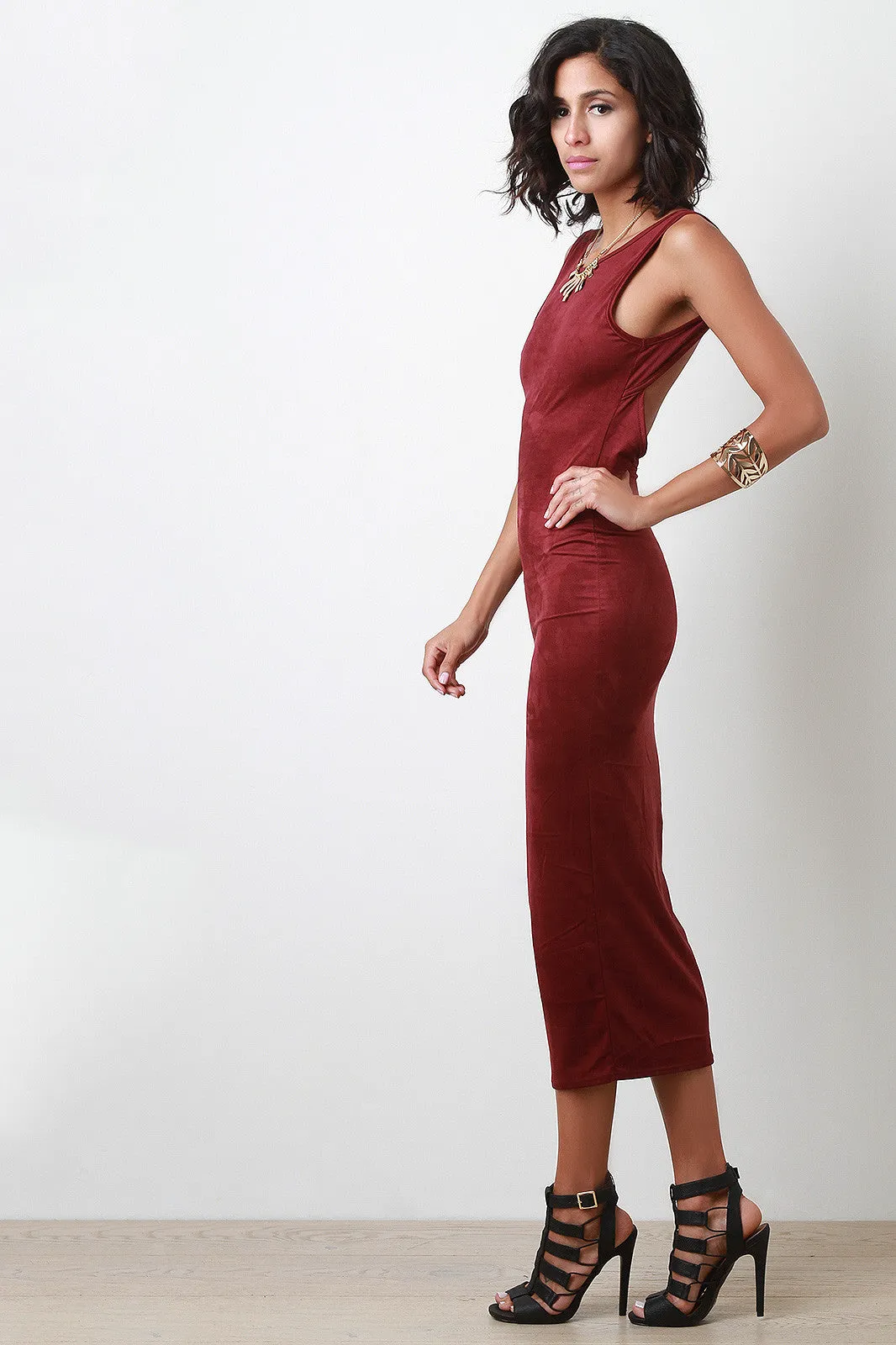 Suede Open Back Midi Dress