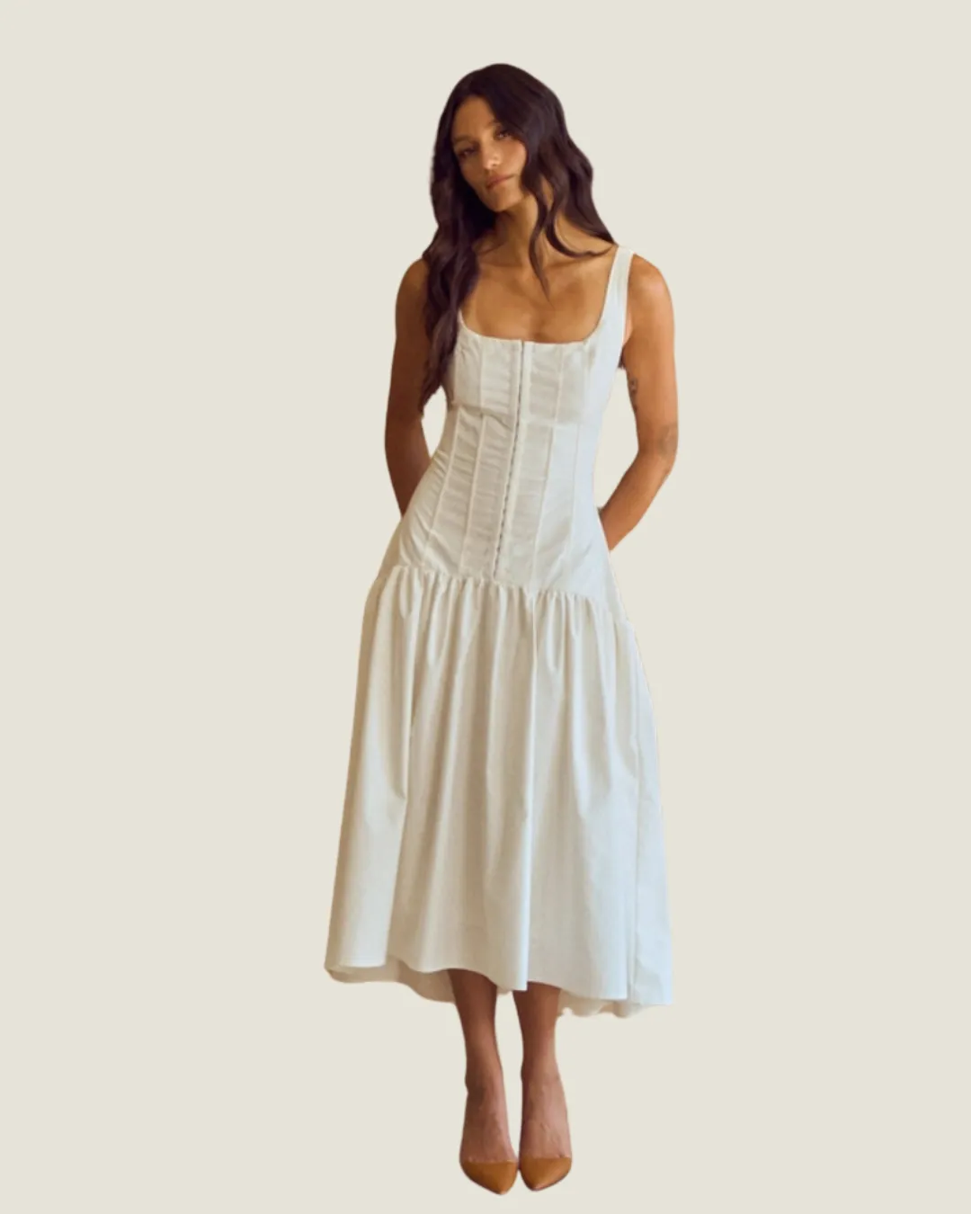 The Camila: Off White Sleeveless Bustier Midi Dress