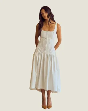 The Camila: Off White Sleeveless Bustier Midi Dress