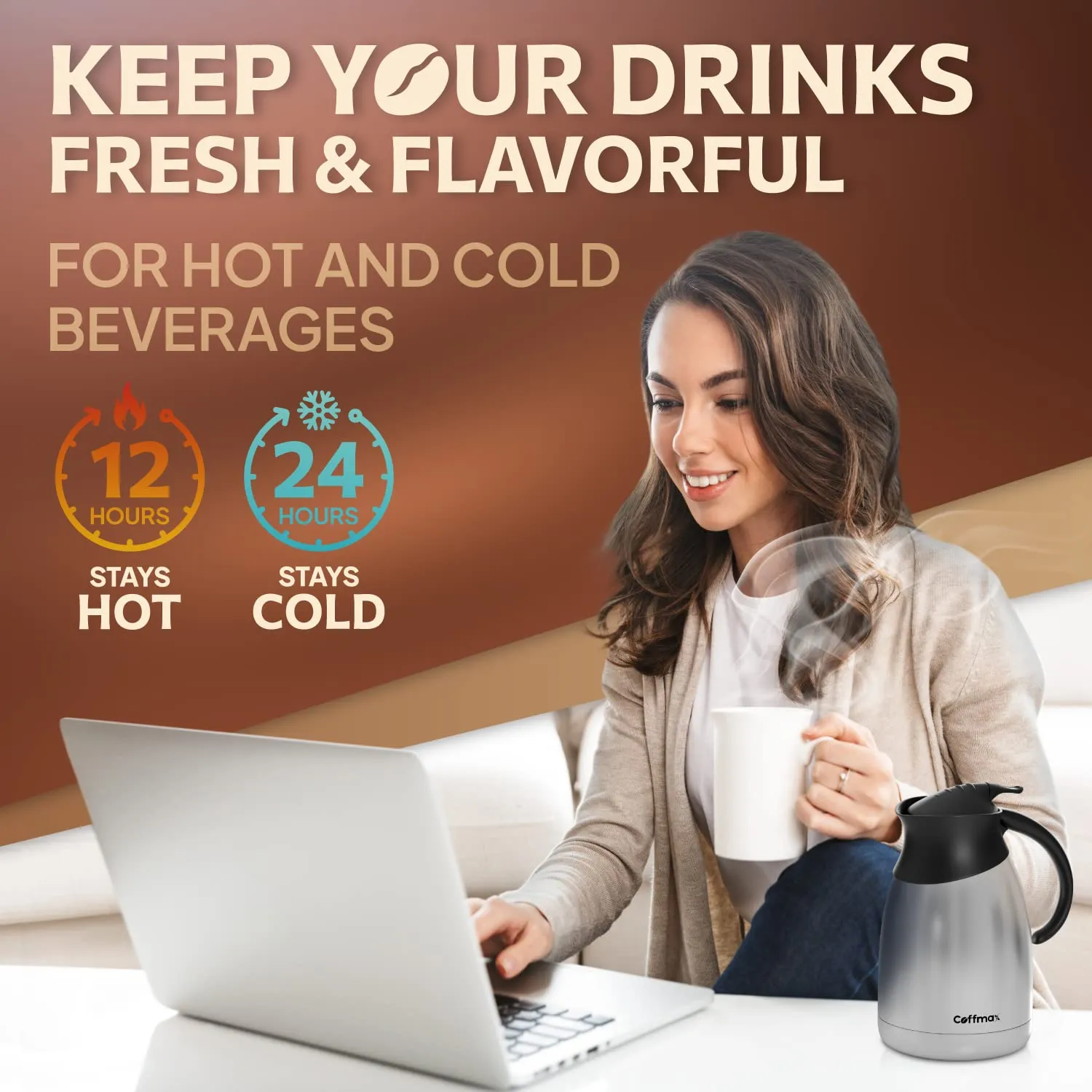 Thermal Coffee Carafe 1.5L/51Oz - Double Wall Vacuum Insulated BPA Free Stainless Steel Easy Server Beverage Butler Pitcher - Lab-Tested Hot and Cold Serving Thermos Jug with Free Brush and eBook