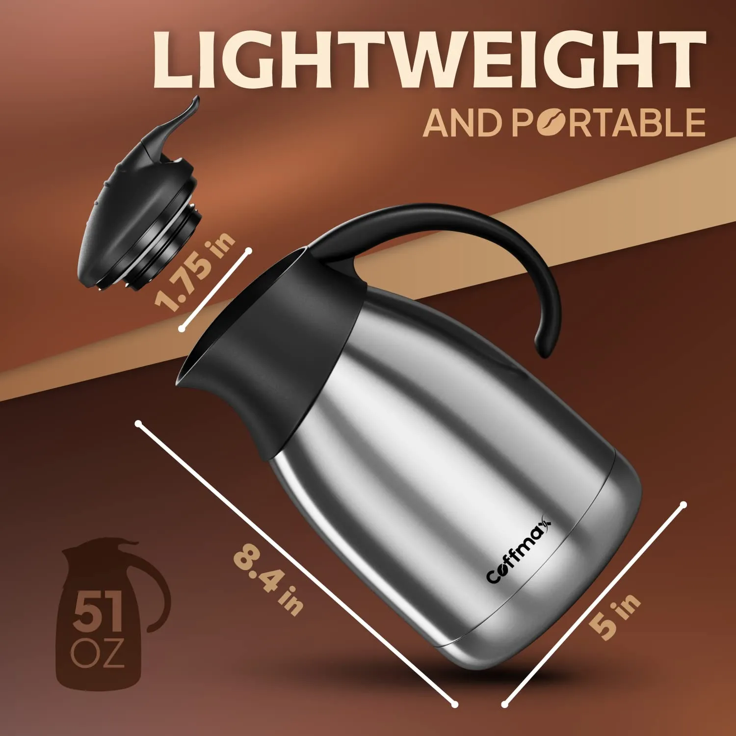 Thermal Coffee Carafe 1.5L/51Oz - Double Wall Vacuum Insulated BPA Free Stainless Steel Easy Server Beverage Butler Pitcher - Lab-Tested Hot and Cold Serving Thermos Jug with Free Brush and eBook