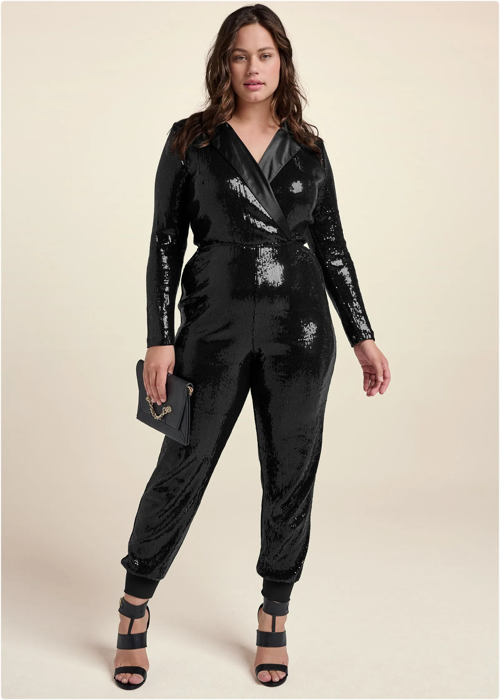 Tuxedo Sequin Jumpsuit - Black