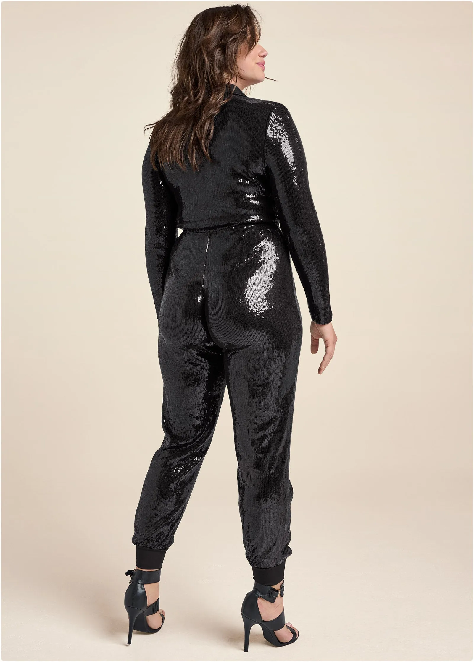 Tuxedo Sequin Jumpsuit - Black