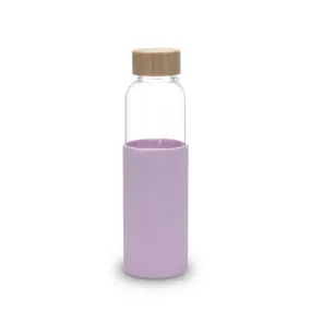 Urbane Home Water Bottle | Glass Bottle | Sleeve Protection Bottle | Bamboo Lid Water Bottle | Travel Round Bottle | XB5501-PURP | 550 ML | Purple