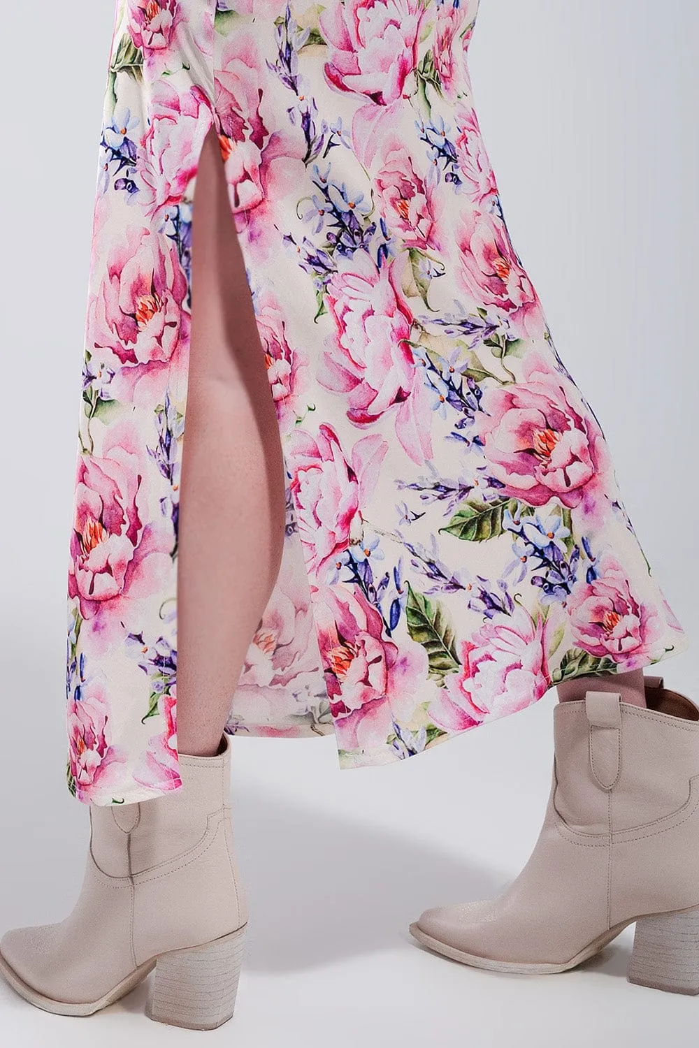 V Back Satin Midi Dress In Pink Rose Print