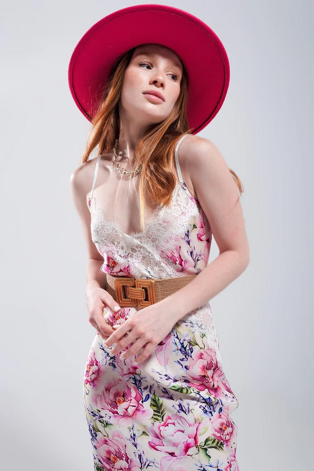 V Back Satin Midi Dress In Pink Rose Print