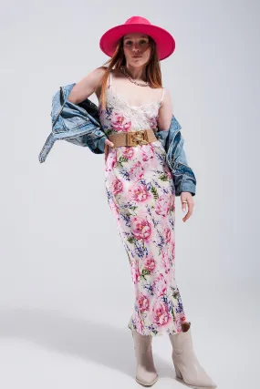 V Back Satin Midi Dress In Pink Rose Print