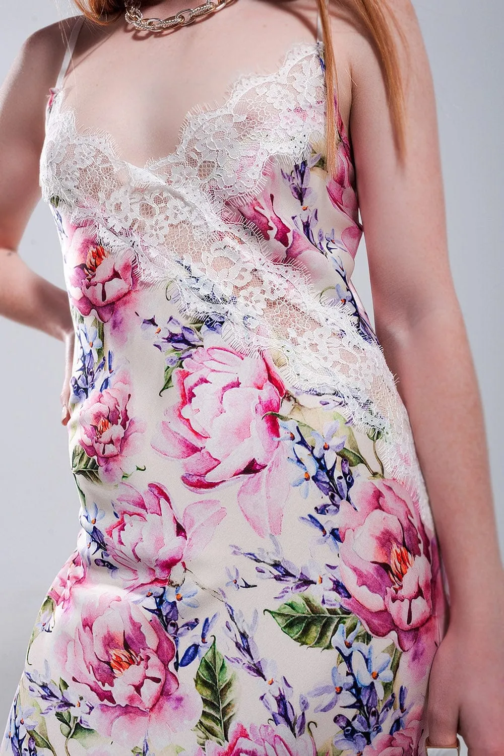 V Back Satin Midi Dress In Pink Rose Print