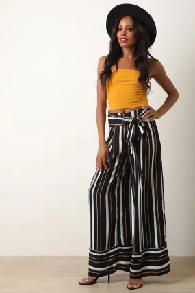 Vertical Striped Waist Sash Palazzo Pants