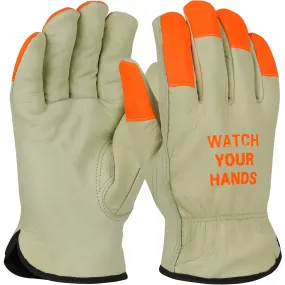 West Chester 994KOTP/L Premium Top Grain Pigskin Leather Drivers Glove with Thermal Lining and Hi-Vis Fingertips & WYH Logo