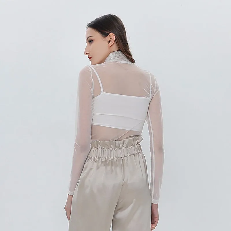 White Patchwork T Shirt For Women Turtleneck Long Sleeve See Through Casual T Shirts Female Fashion Clothing