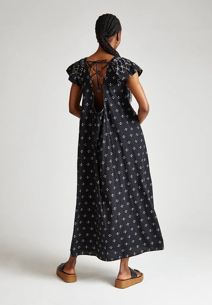 Willow Embroidered Shirring Jacquard Maxi Dress In Black