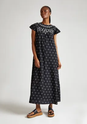 Willow Embroidered Shirring Jacquard Maxi Dress In Black