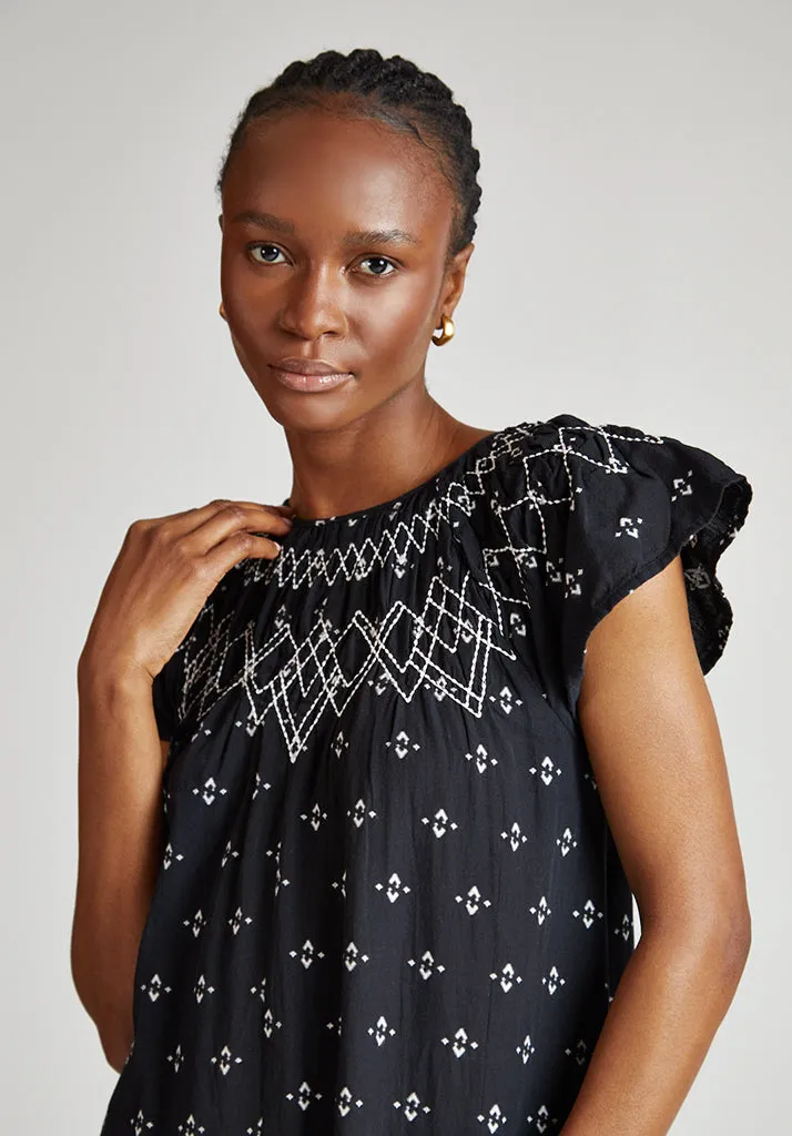 Willow Embroidered Shirring Jacquard Maxi Dress In Black