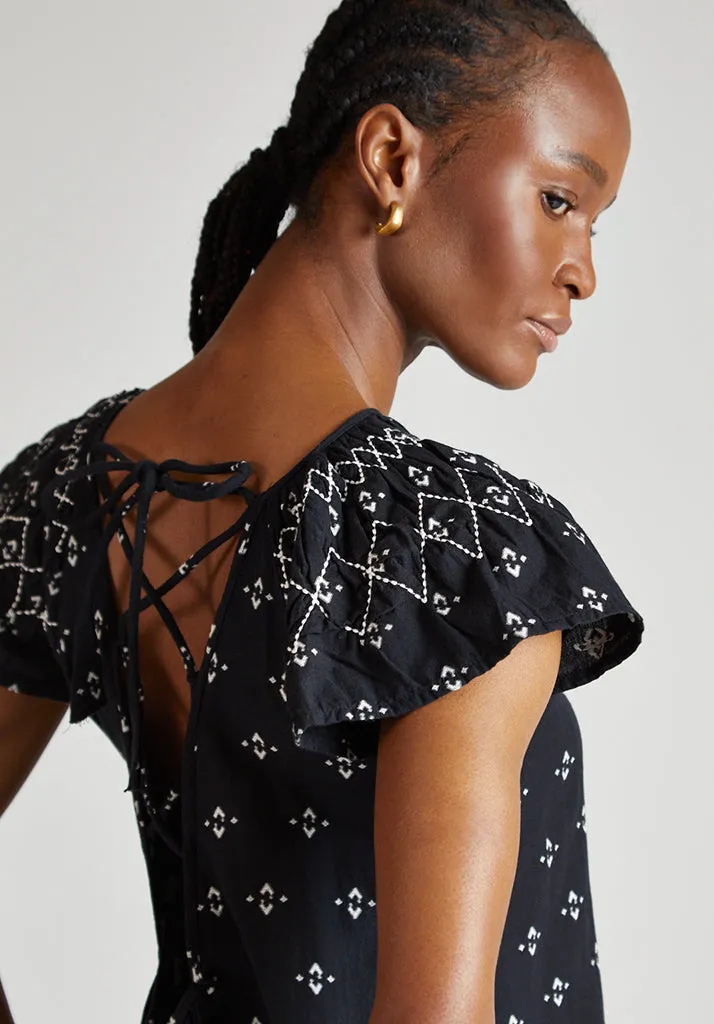 Willow Embroidered Shirring Jacquard Maxi Dress In Black