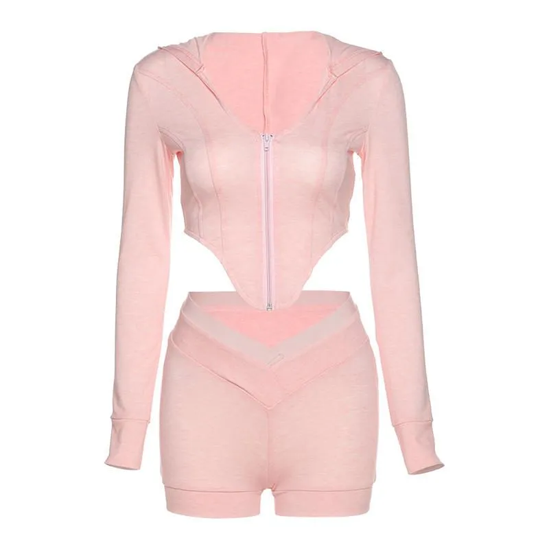 Women 2 Pcs Set Hooded Zipper Asymmetrical Long Sleeve Top And High