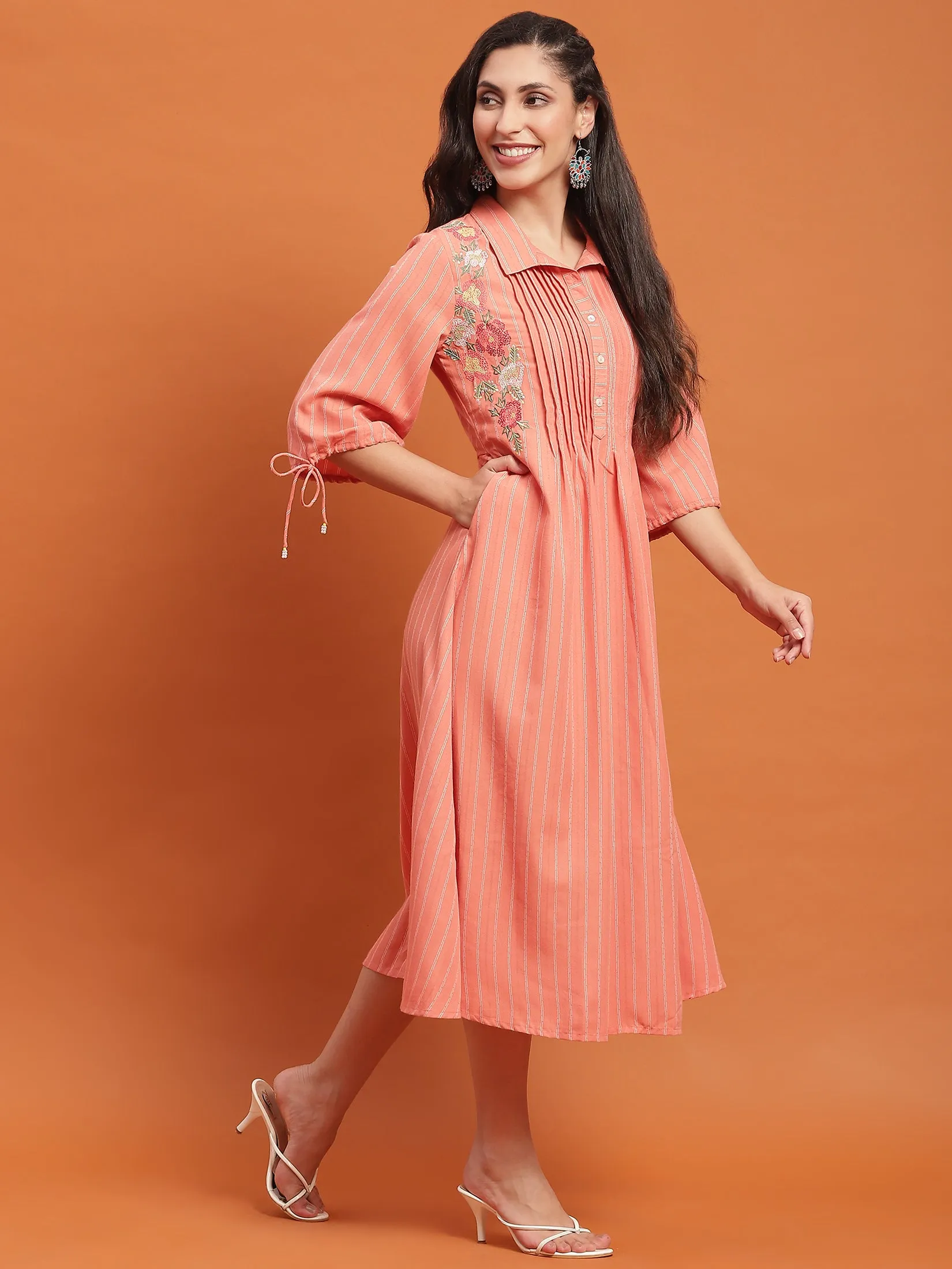 Women Peach Embroidered Dress