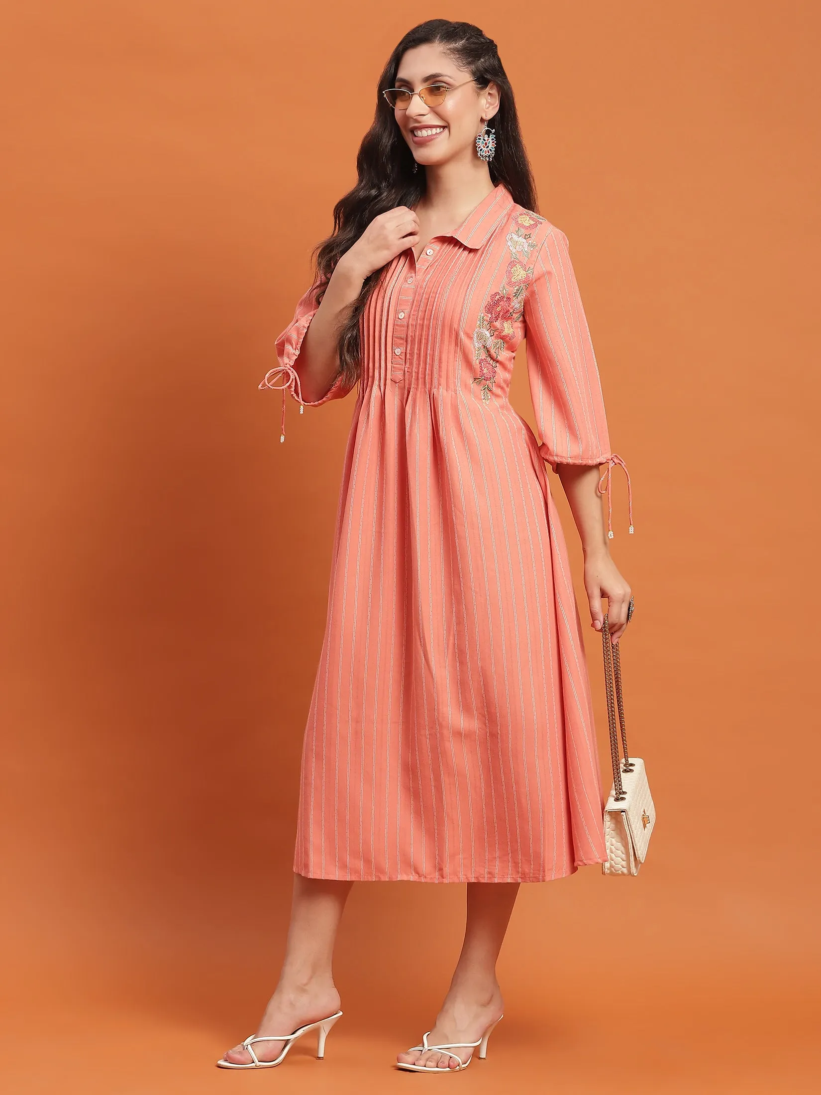 Women Peach Embroidered Dress