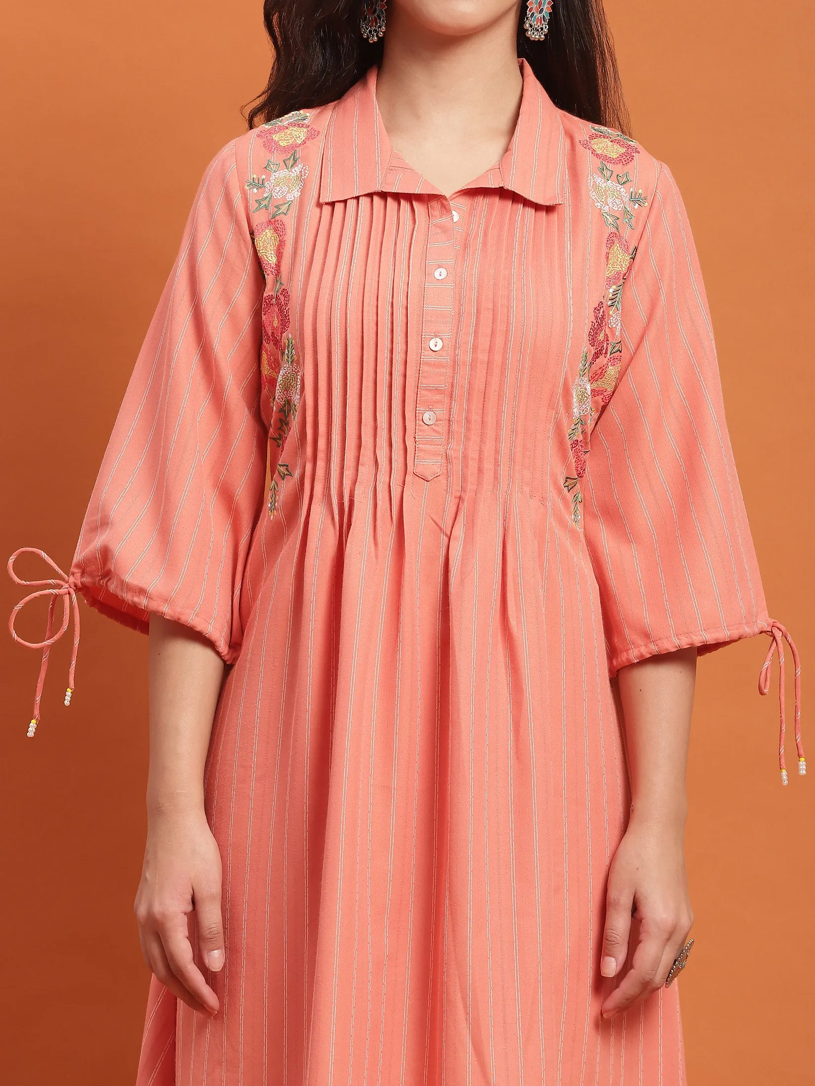 Women Peach Embroidered Dress