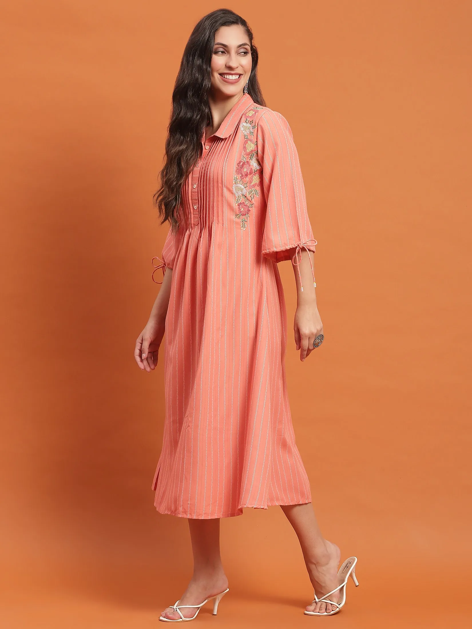 Women Peach Embroidered Dress