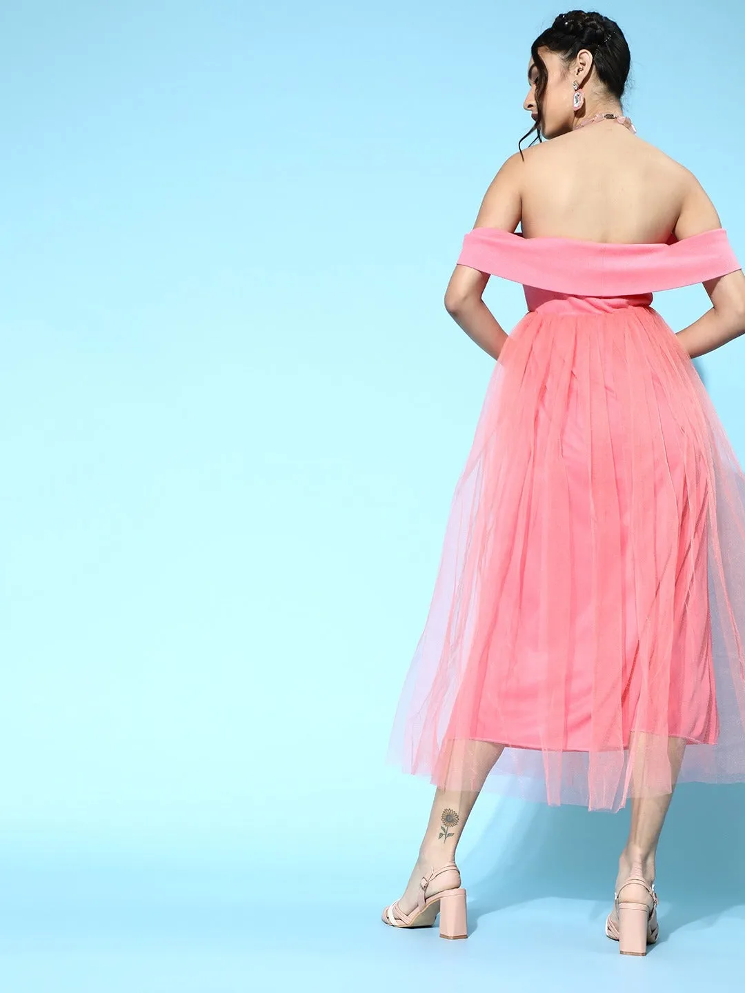 Women Pink Tulle Bardot Midi Dress