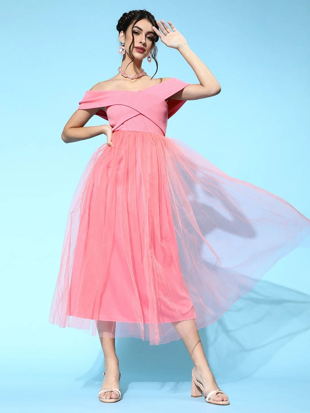 Women Pink Tulle Bardot Midi Dress