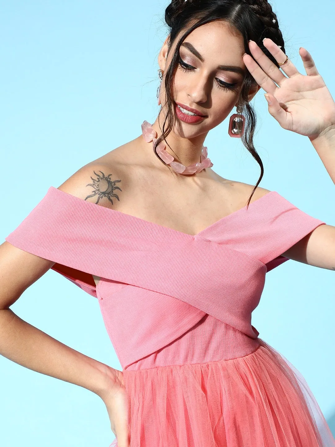 Women Pink Tulle Bardot Midi Dress