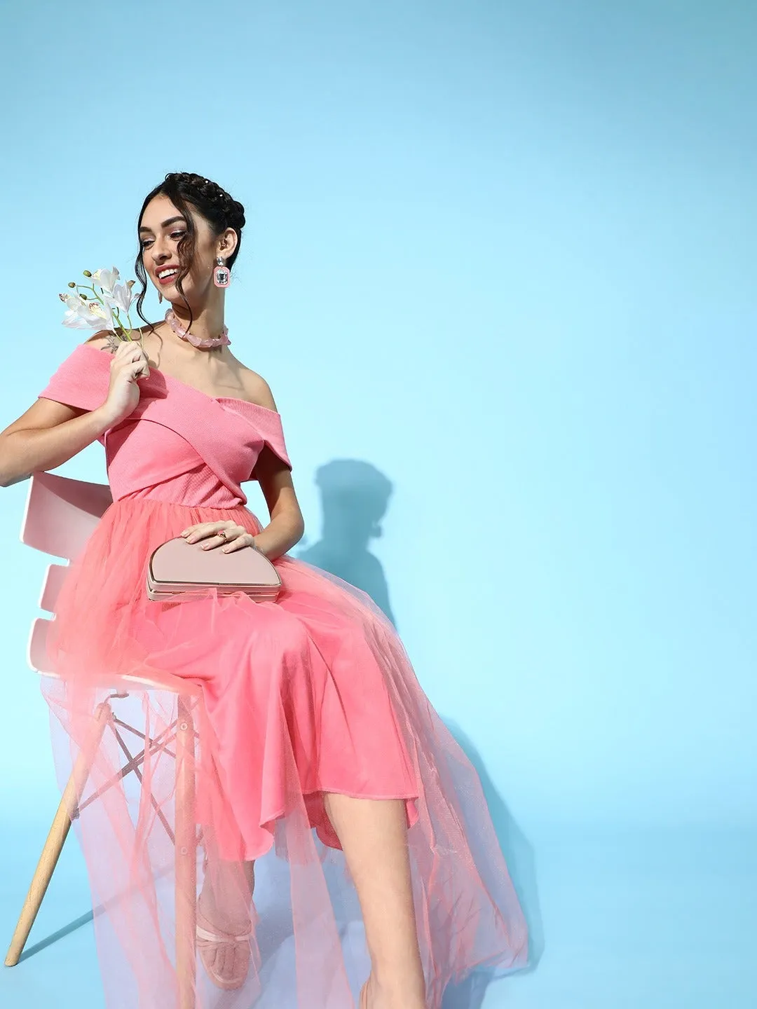 Women Pink Tulle Bardot Midi Dress