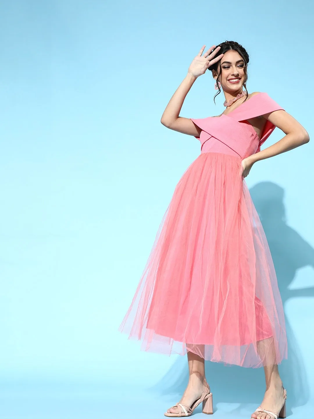 Women Pink Tulle Bardot Midi Dress