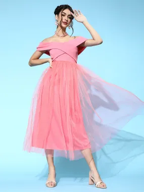 Women Pink Tulle Bardot Midi Dress