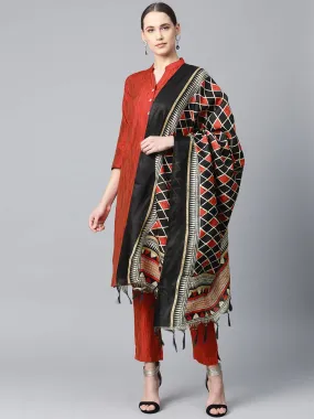 Women Red & Black Self-Striped Kurta With Trousers & Dupatta
