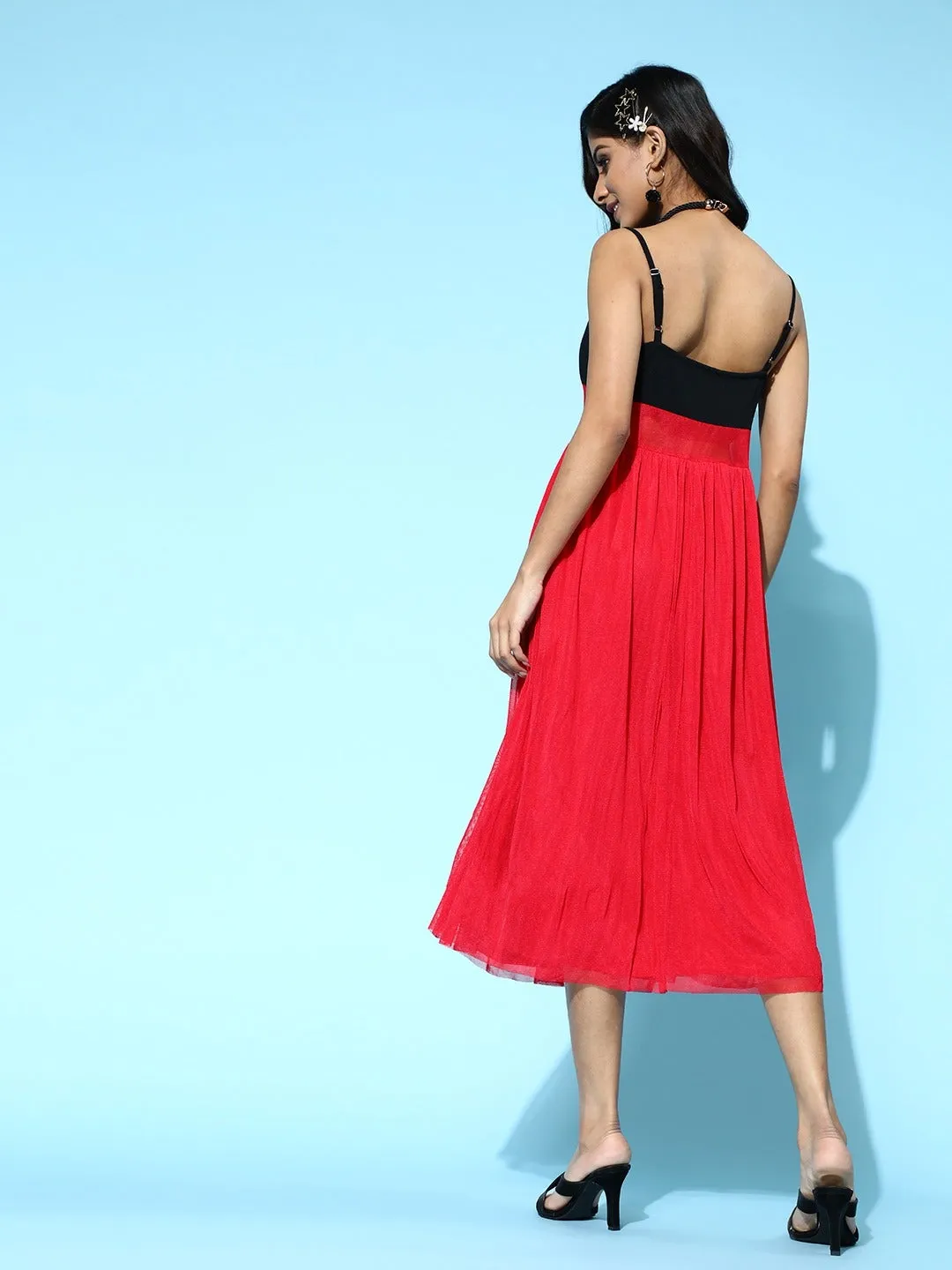 Women Red Mesh Strappy Midi Dress