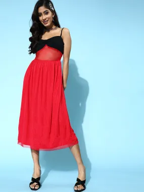 Women Red Mesh Strappy Midi Dress