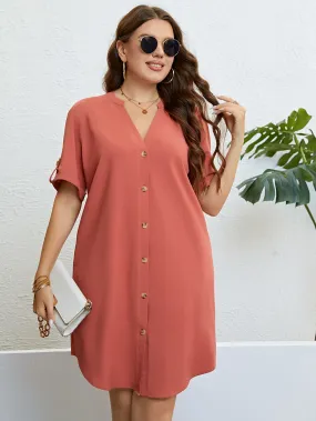 You Are My Sunshine Plus Size Buttoned Notched Neck Shift Dress
