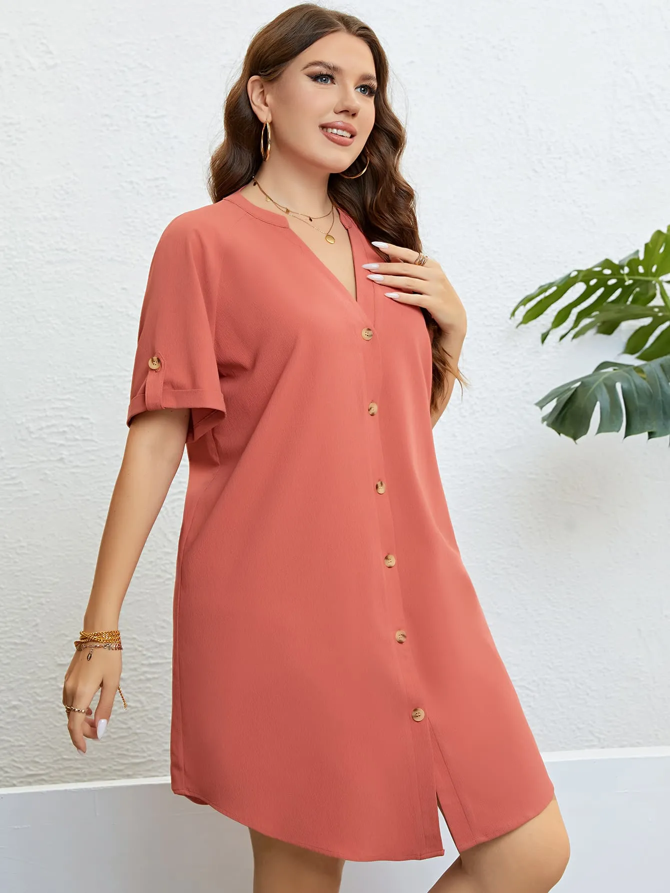 You Are My Sunshine Plus Size Buttoned Notched Neck Shift Dress