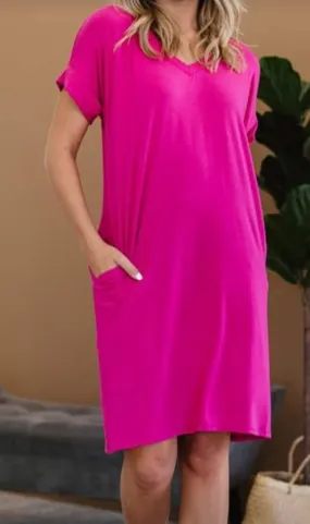Zenana Hot Pink T-Shirt Dress w/Pockets - #1142-1147
